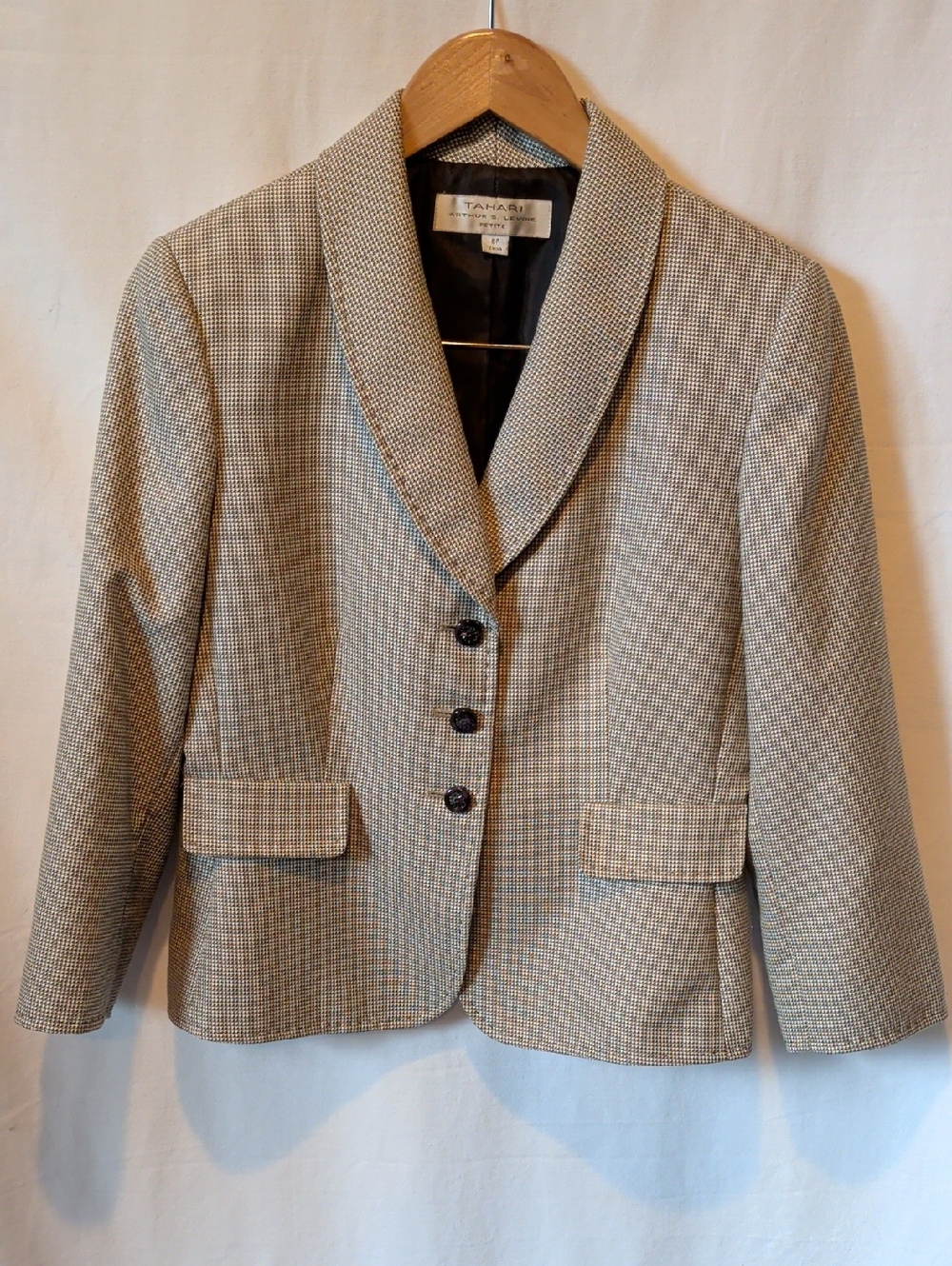 Tahari Tan Glen Plaid Shawl Collar Blazer